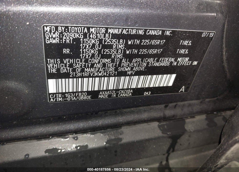2019 TOYOTA RAV4 LE VIN: 2T3H1RFV3KW042121