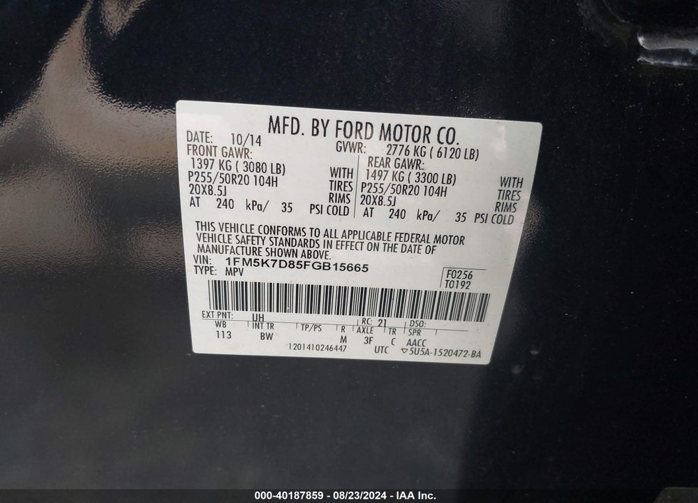 2015 FORD EXPLORER XLT VIN: 1FM5K7D85FGB15665