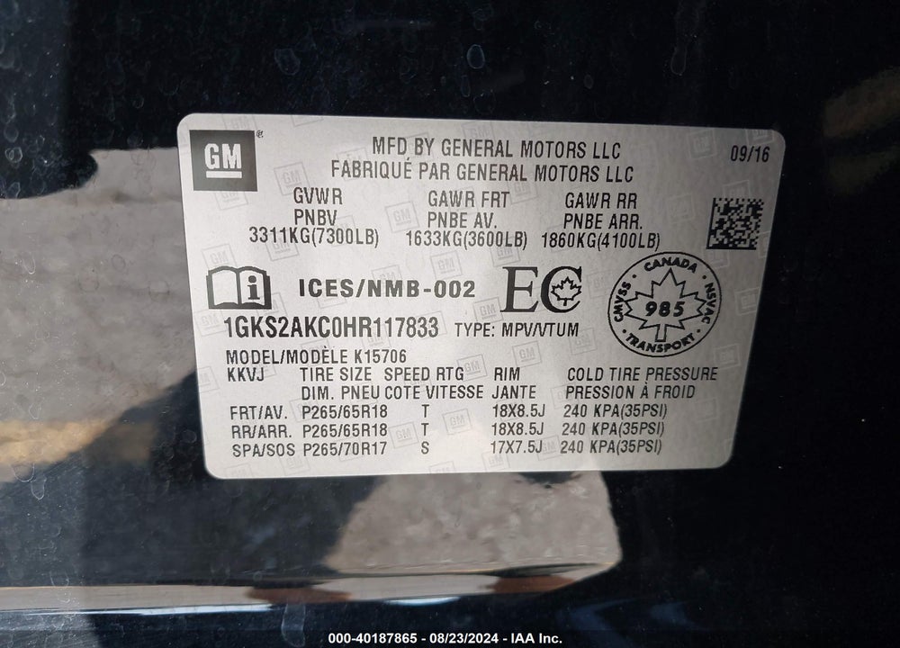 2017 GMC YUKON SLE VIN: 1GKS2AKC0HR117833