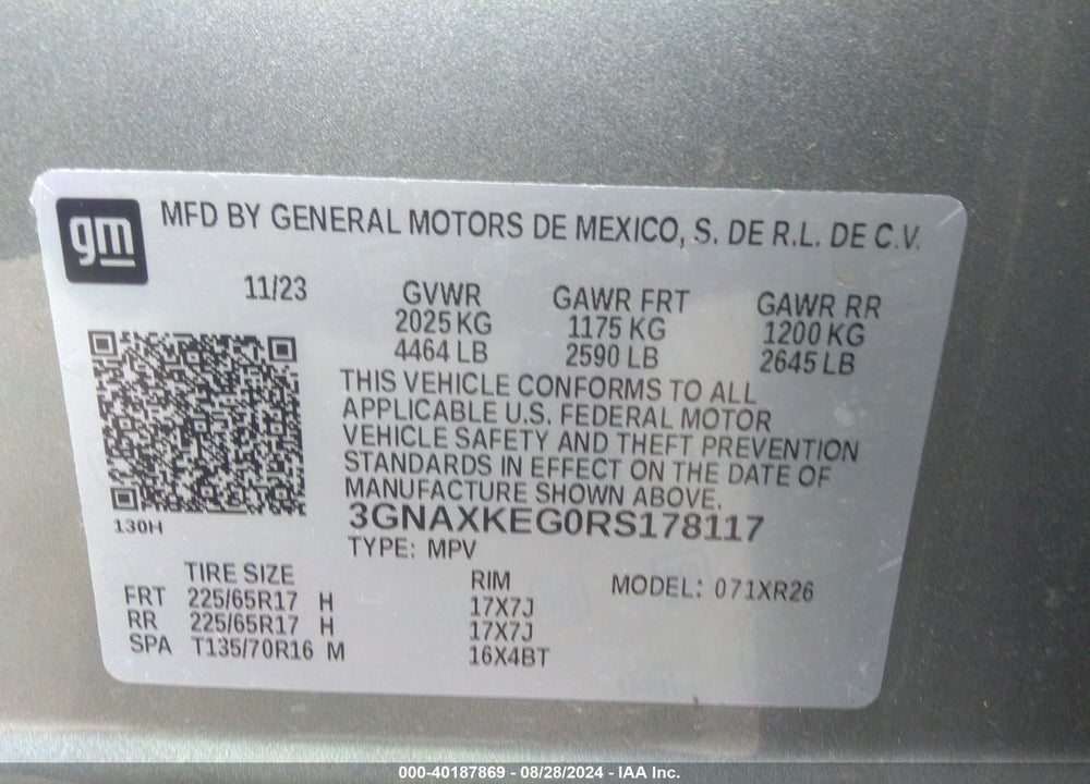 2024 CHEVROLET EQUINOX FWD LT VIN: 3GNAXKEG0RS178117
