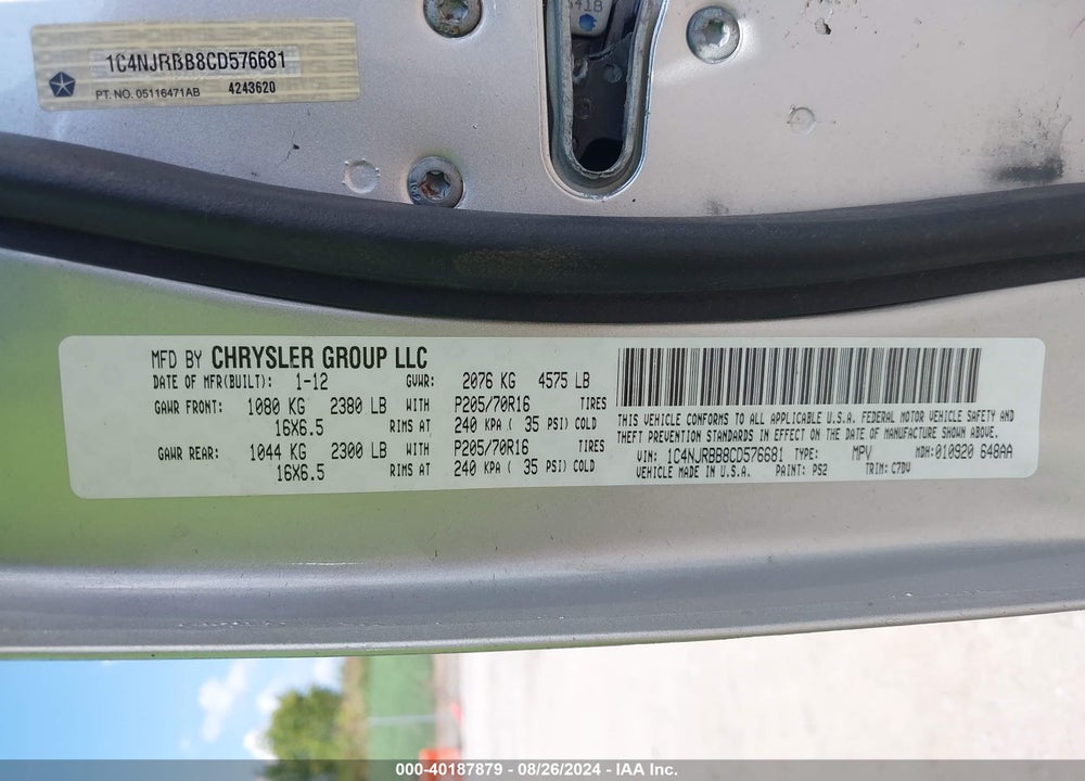 2012 JEEP PATRIOT SPORT VIN: 1C4NJRBB8CD576681