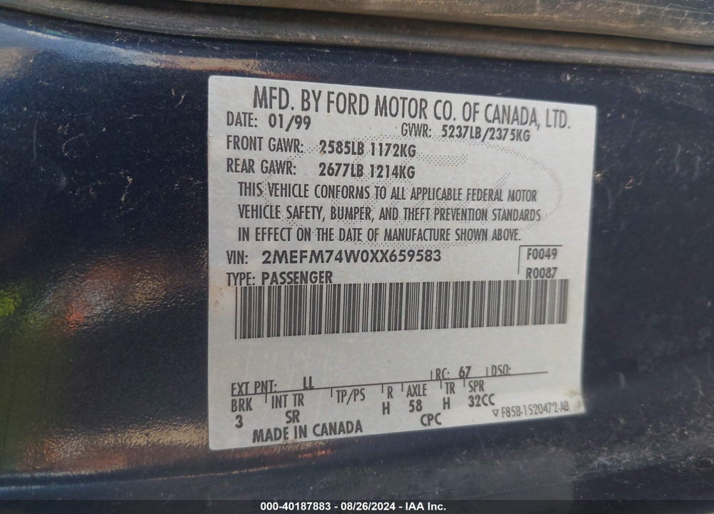1999 MERCURY GRAND MARQUIS GS VIN: 2MEFM74W0XX659583