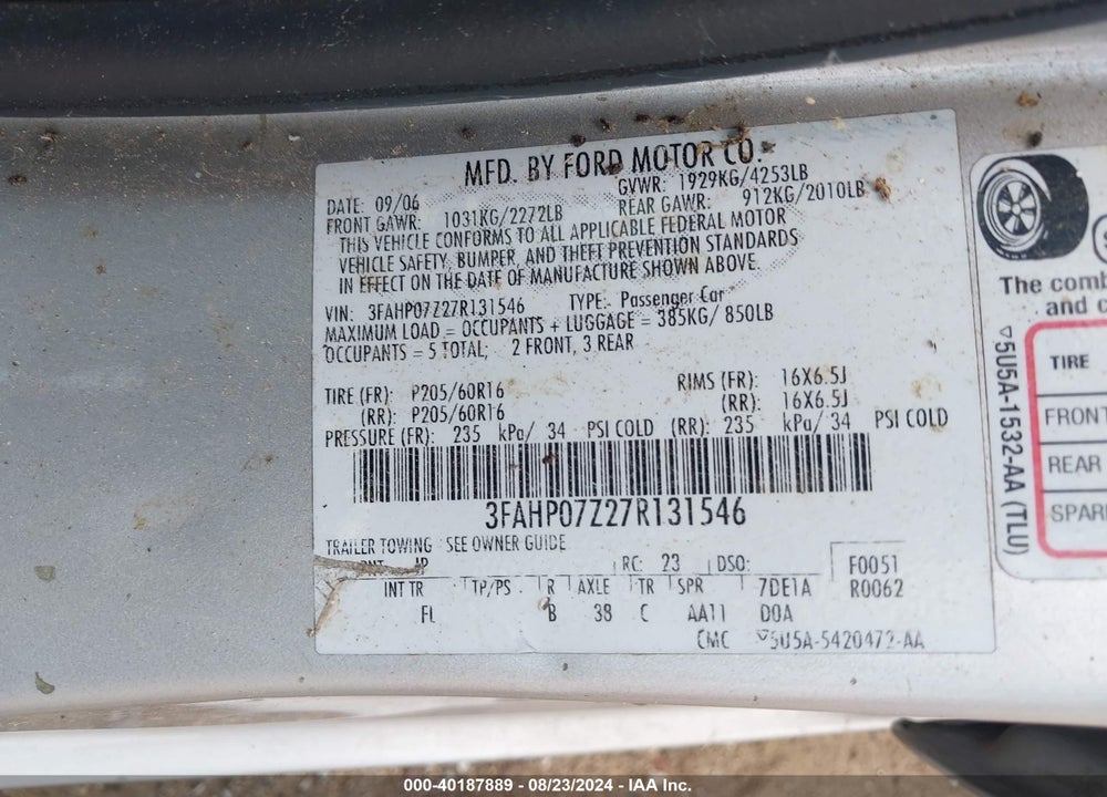 2007 FORD FUSION SE VIN: 3FAHP07Z27R131546