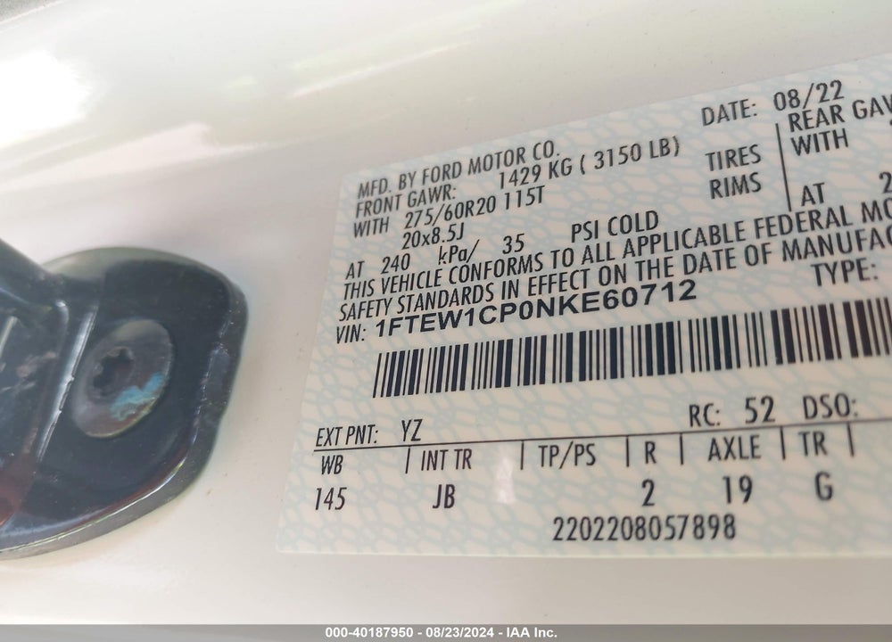 2022 FORD F-150 XL VIN: 1FTEW1CP0NKE60712