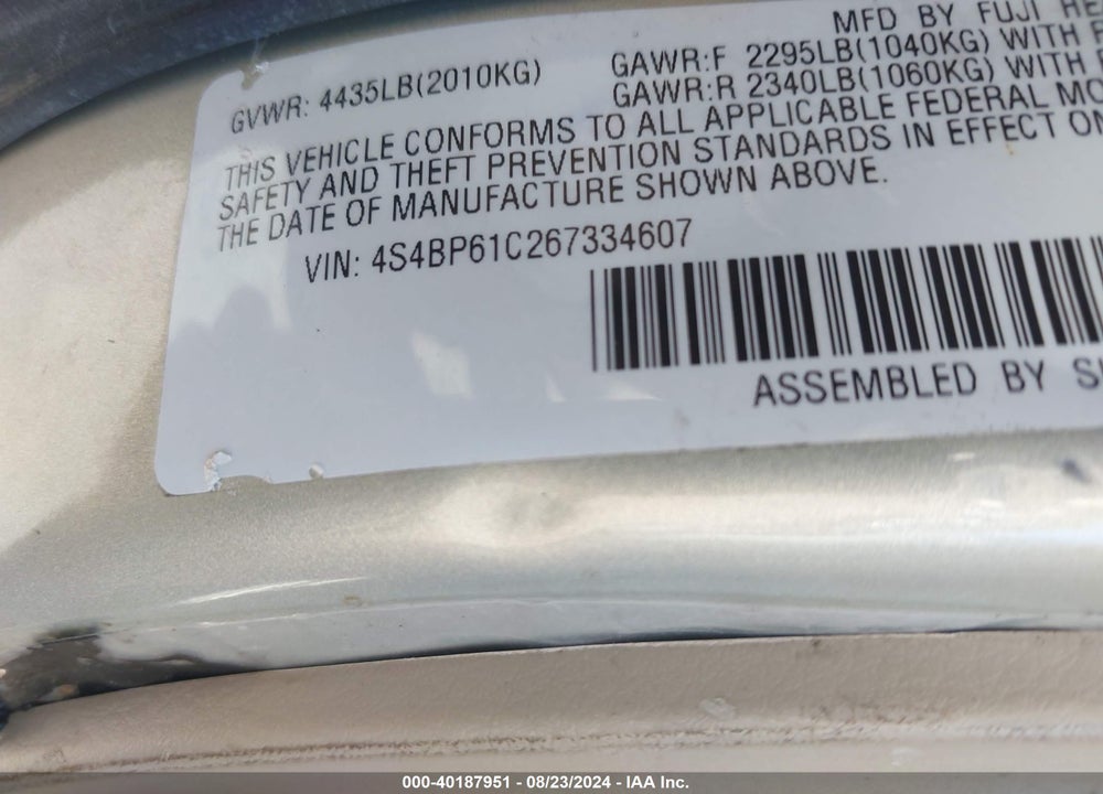 2006 SUBARU OUTBACK 2.5I VIN: 4S4BP61C267334607