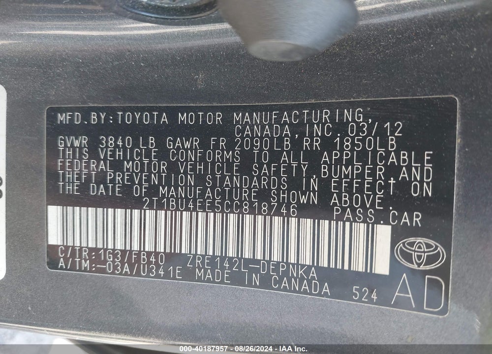 2012 TOYOTA COROLLA LE VIN: 2T1BU4EE5CC818746