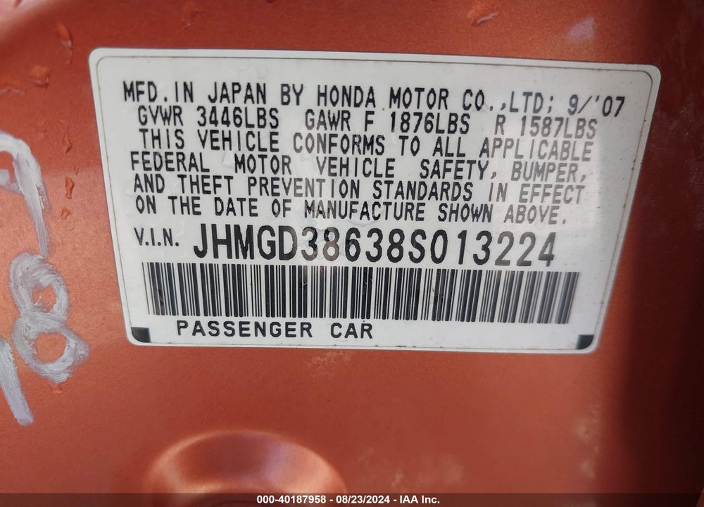 2008 HONDA FIT SPORT VIN: JHMGD38638S013224