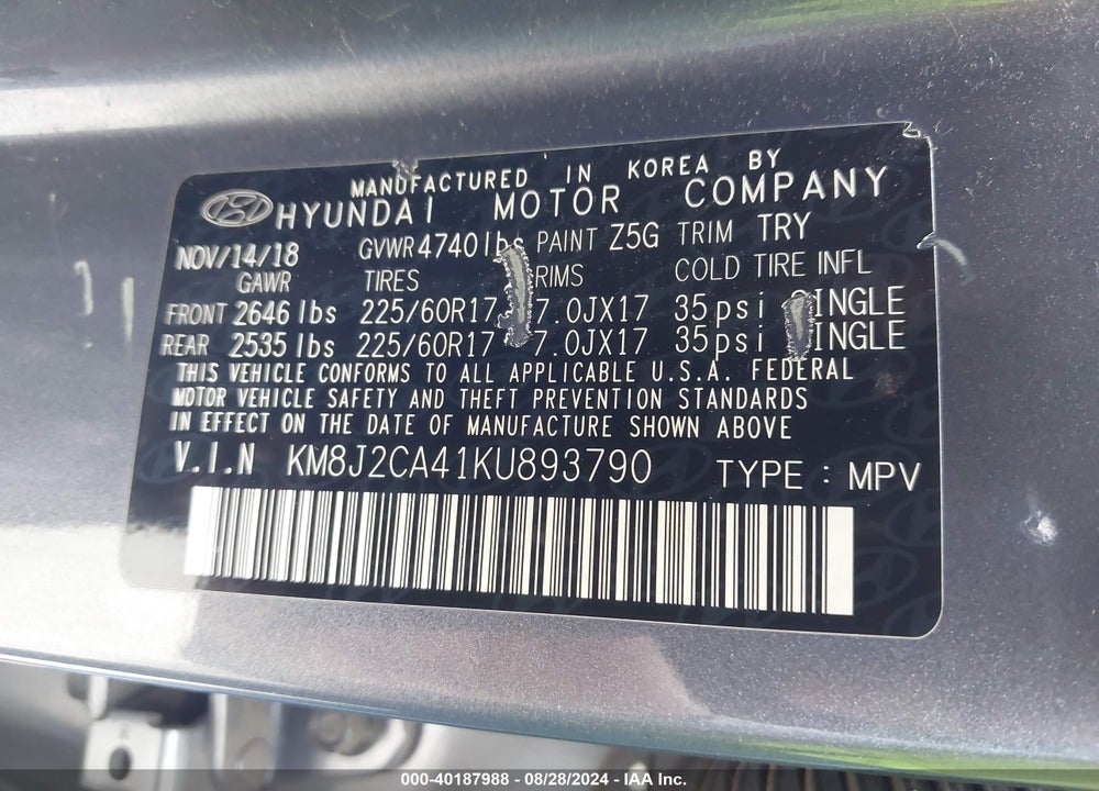 2019 HYUNDAI TUCSON SE VIN: KM8J2CA41KU893790