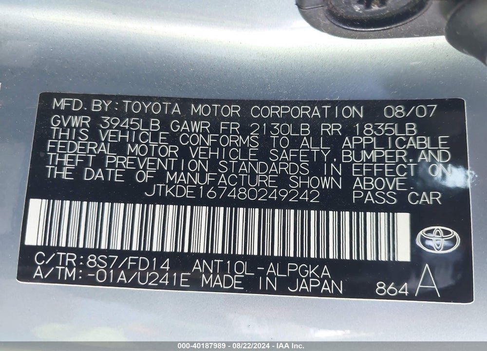 2008 SCION TC VIN: JTKDE167480249242