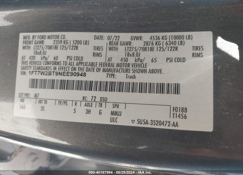 2022 FORD F-250 XLT VIN: 1FT7W2BT9NEE90948