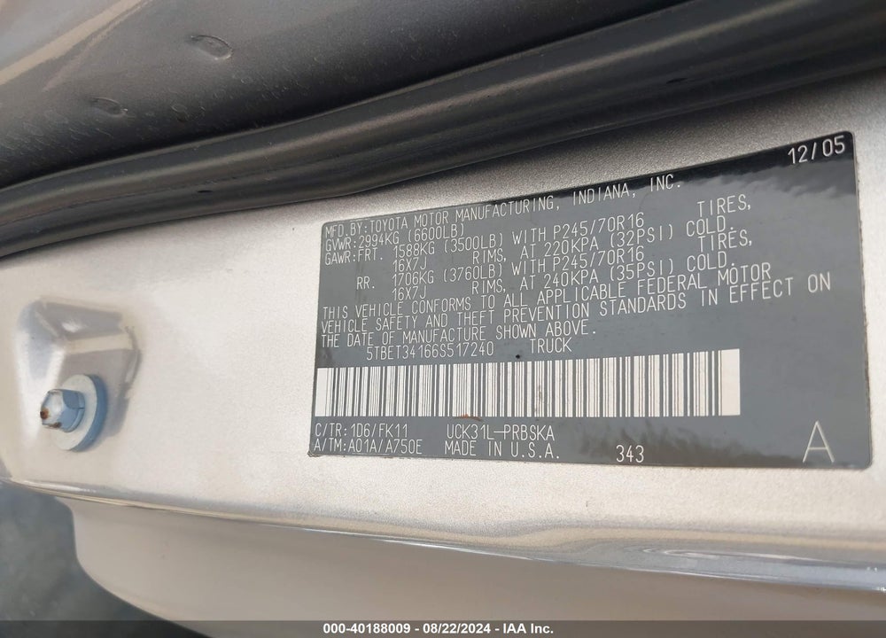 2006 TOYOTA TUNDRA SR5 V8 VIN: 5TBET34166S517240