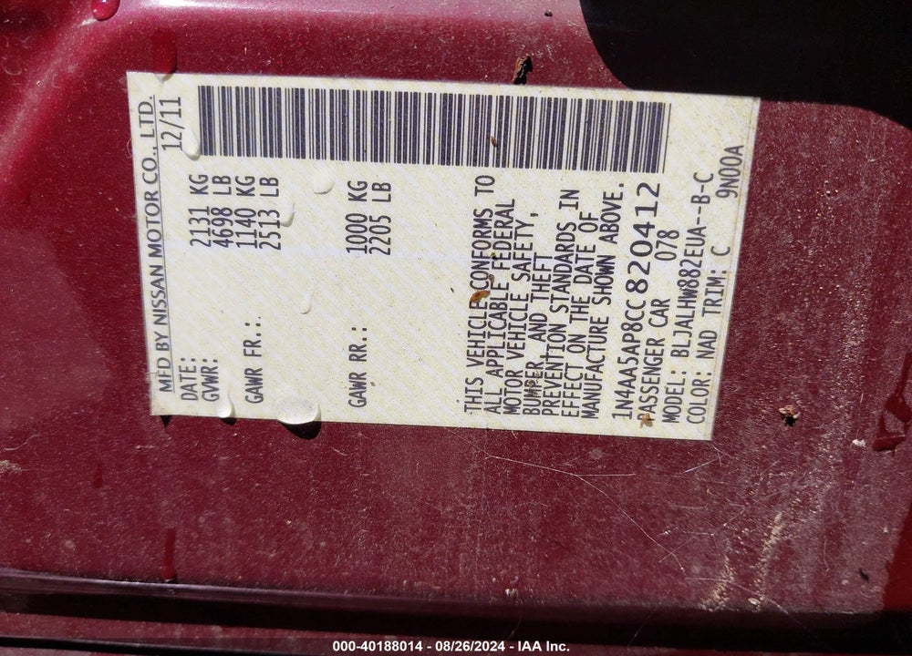2012 NISSAN MAXIMA 3.5 SV VIN: 1N4AA5AP8CC820412