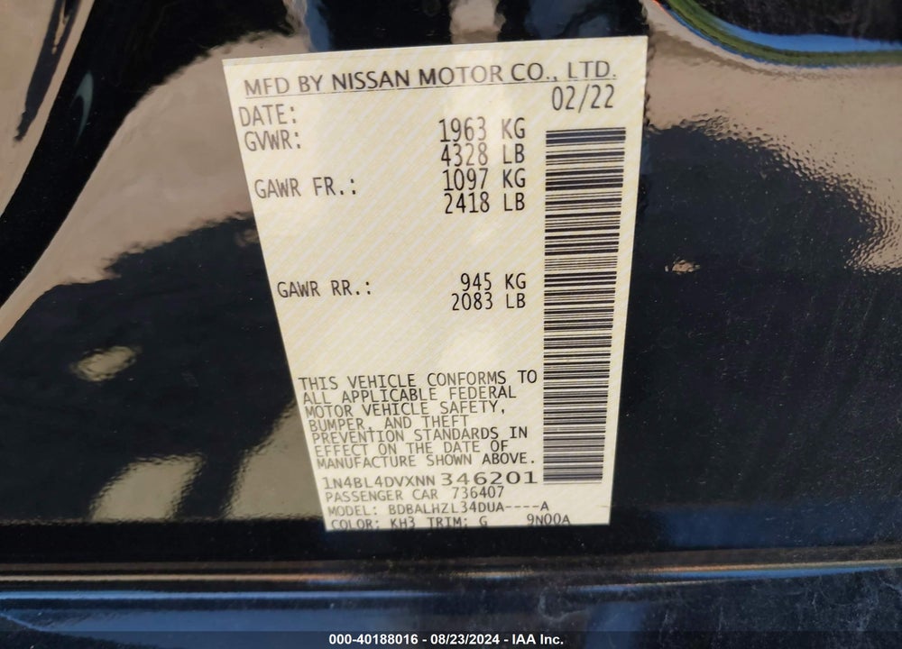 2022 NISSAN ALTIMA SV FWD VIN: 1N4BL4DVXNN346201