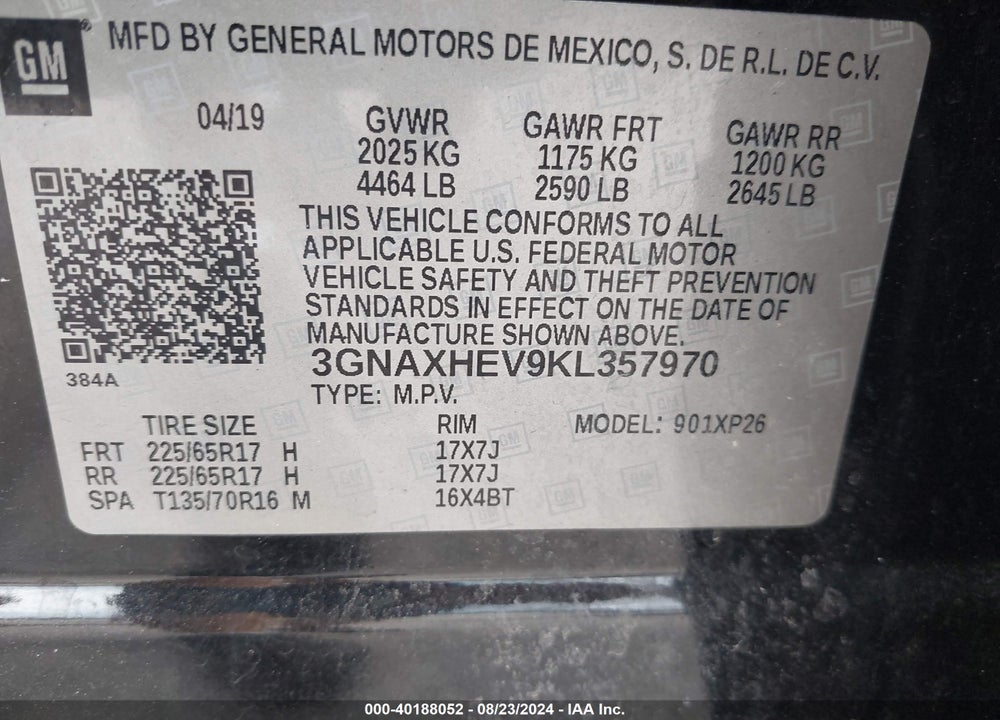 2019 CHEVROLET EQUINOX LS VIN: 3GNAXHEV9KL357970