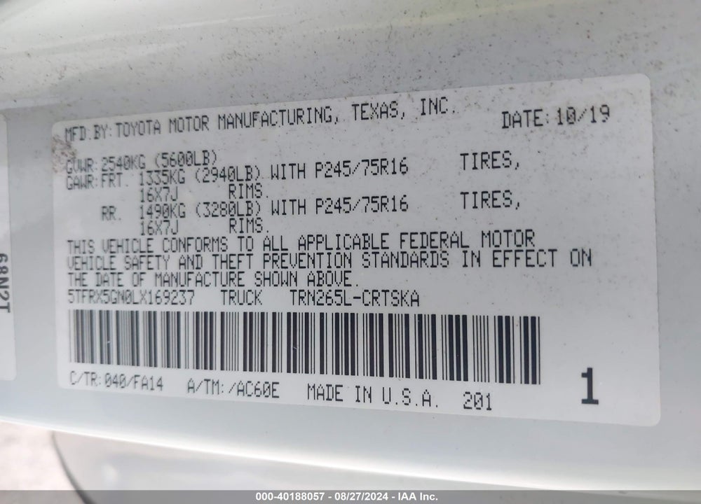 2020 TOYOTA TACOMA SR VIN: 5TFRX5GN0LX169237