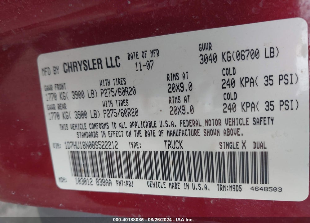 2008 DODGE RAM 1500 SLT VIN: 1D7HU18N08S522212