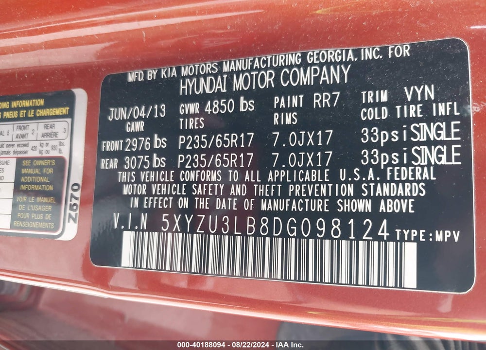 2013 HYUNDAI SANTA FE SPORT VIN: 5XYZU3LB8DG098124