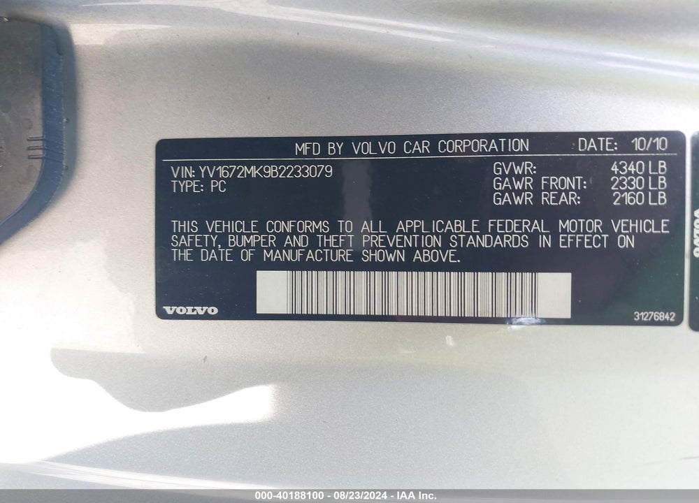 2011 VOLVO C30 T5/T5 R-DESIGN VIN: YV1672MK9B2233079