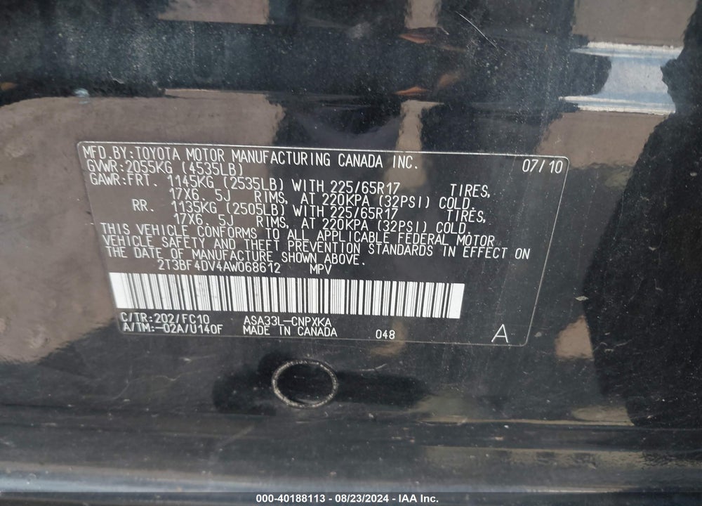 2010 TOYOTA RAV4 VIN: 2T3BF4DV4AW068612