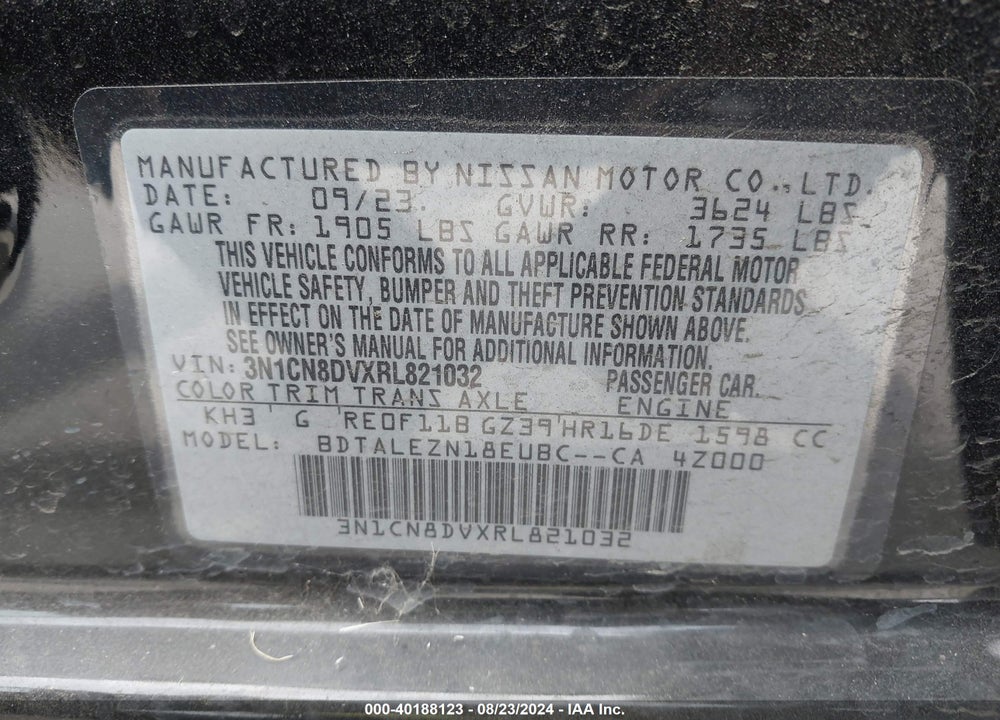 2024 NISSAN VERSA 1.6 S+ VIN: 3N1CN8DVXRL821032