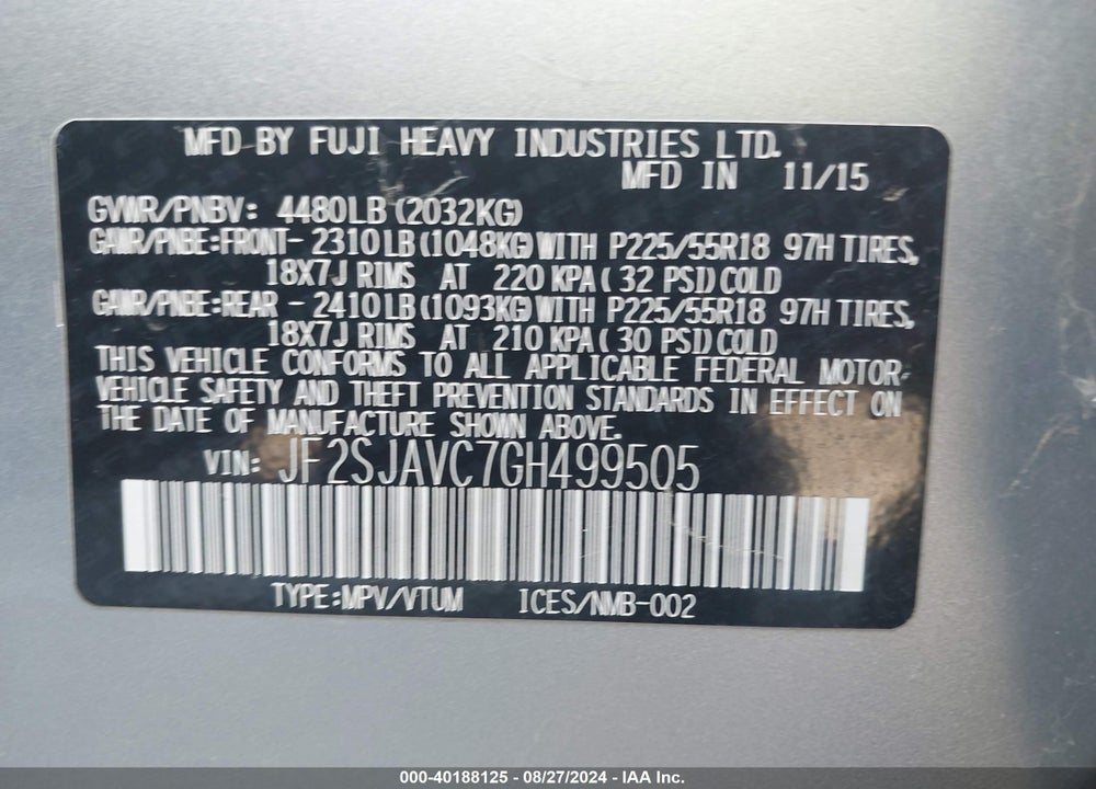 2016 SUBARU FORESTER VIN: JF2SJAVC7GH499505