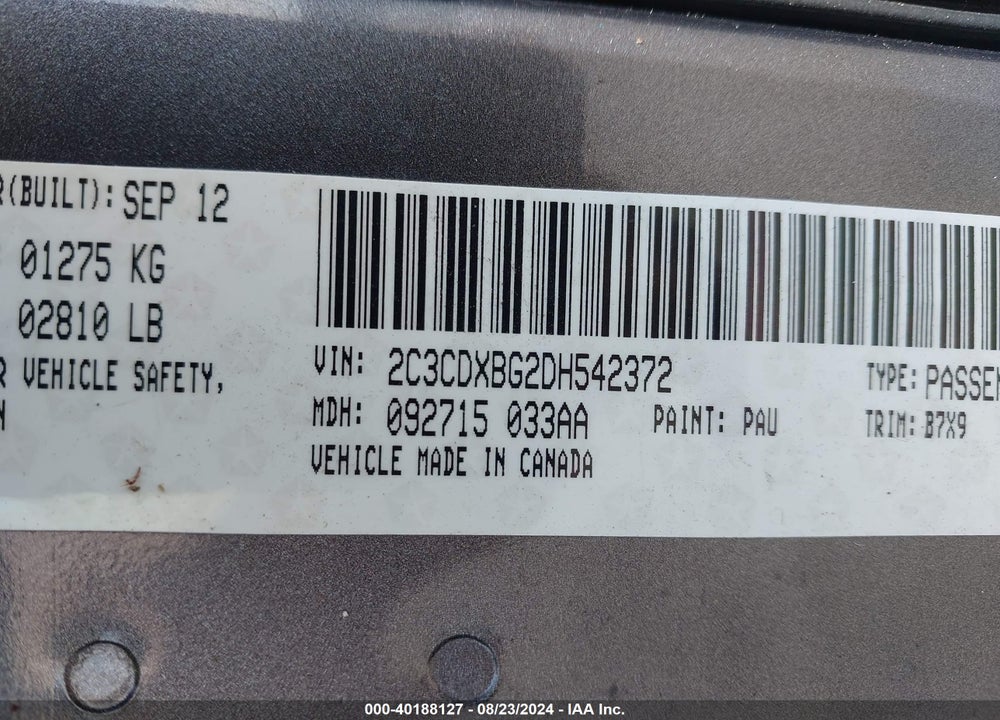 2013 DODGE CHARGER SE VIN: 2C3CDXBG2DH542372
