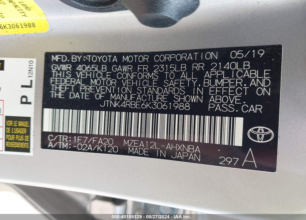 2019 TOYOTA COROLLA SE VIN: JTNK4RBE6K3061988