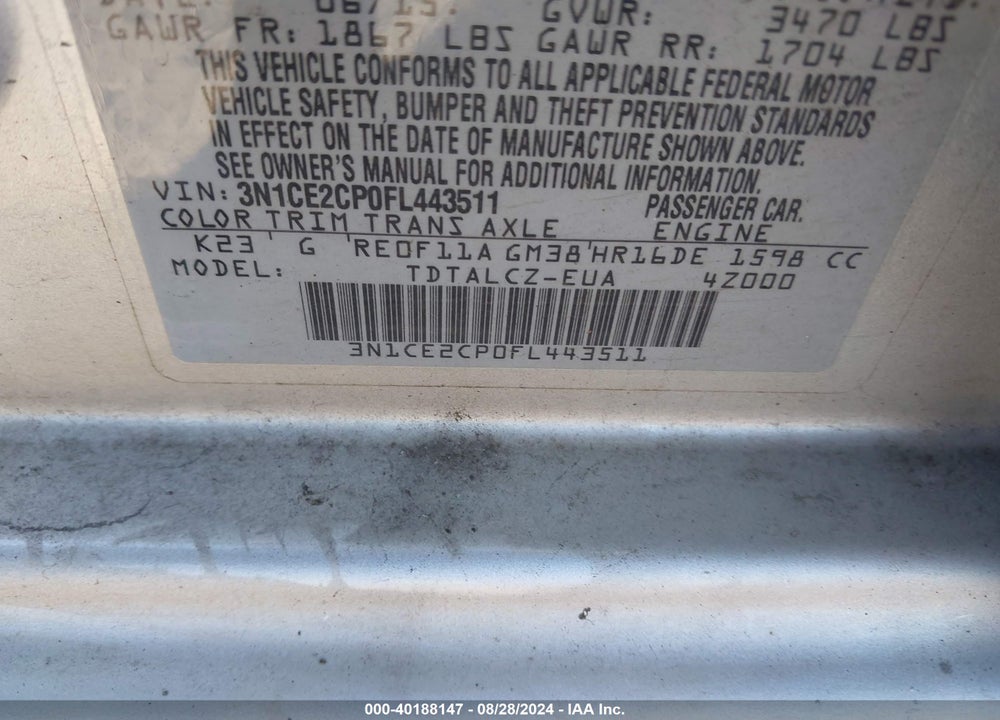 2015 NISSAN VERSA NOTE S PLUS VIN: 3N1CE2CP0FL443511