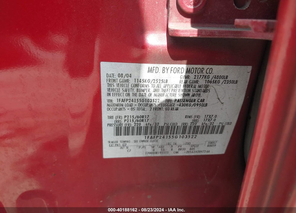 2005 FORD FIVE HUNDRED SEL VIN: 1FAFP24155G103522