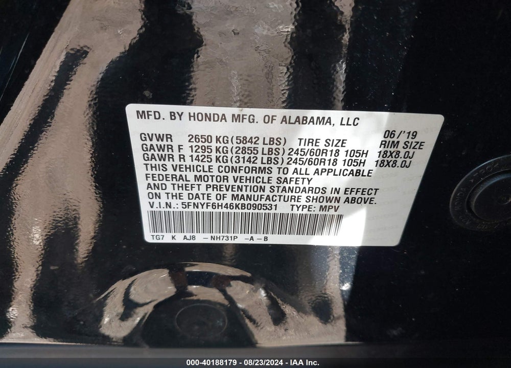 2019 HONDA PILOT EX-L VIN: 5FNYF6H46KB090531