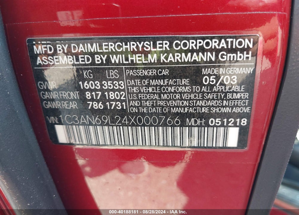 2004 CHRYSLER CROSSFIRE VIN: 1C3AN69L24X000766