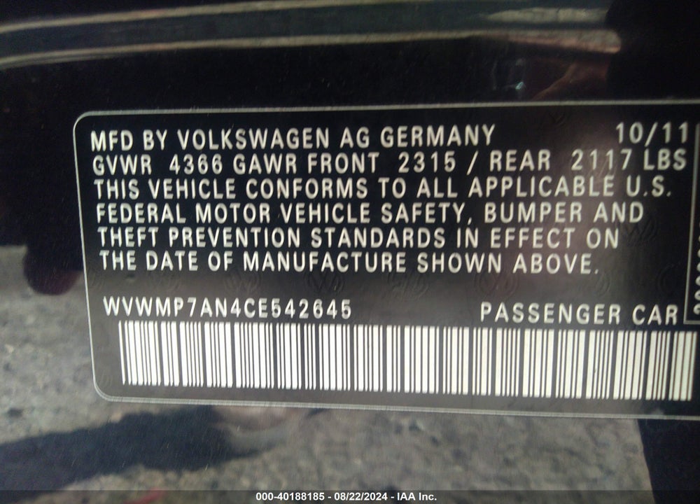 2012 VOLKSWAGEN CC SPORT VIN: WVWMP7AN4CE542645