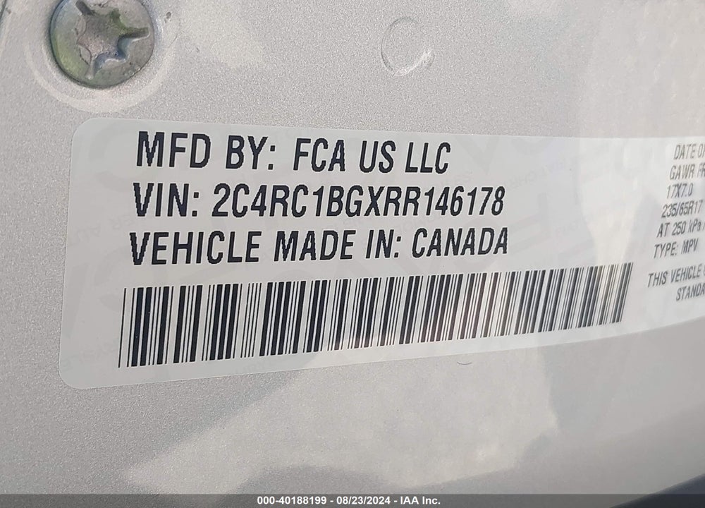 2024 CHRYSLER PACIFICA TOURING L VIN: 2C4RC1BGXRR146178