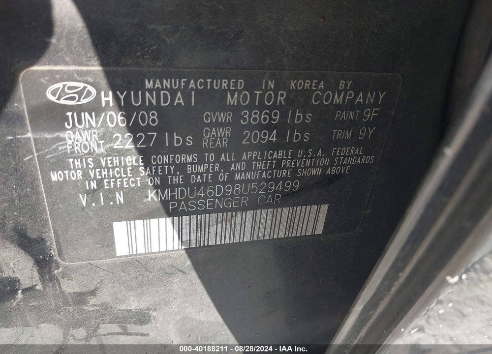 2008 HYUNDAI ELANTRA GLS/SE VIN: KMHDU46D98U529499