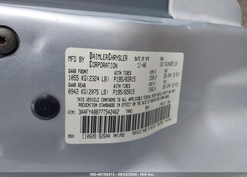 2007 CHRYSLER PT CRUISER VIN: 3A4FY48B77T542462