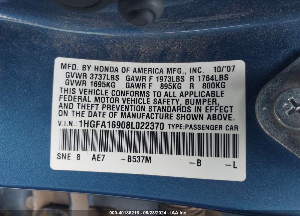 2008 HONDA CIVIC EX-L VIN: 1HGFA16908L022370