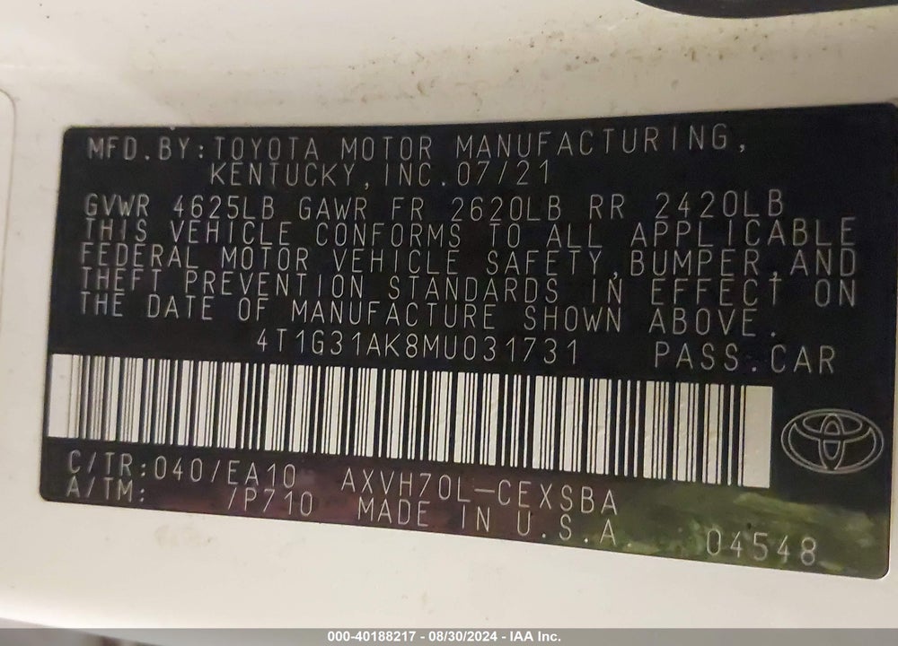 2021 TOYOTA CAMRY SE HYBRID VIN: 4T1G31AK8MU031731