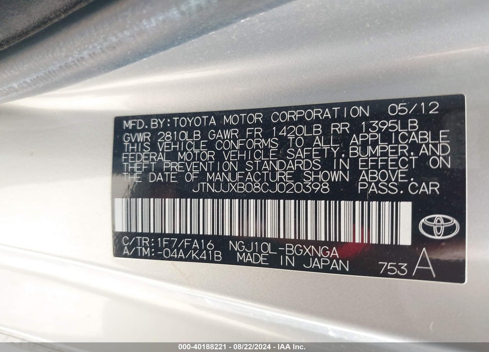 2012 SCION IQ VIN: JTNJJXB08CJ020398