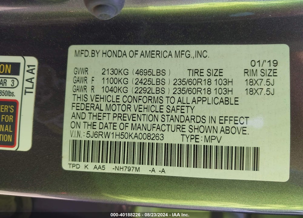 2019 HONDA CR-V EX VIN: 5J6RW1H50KA008263