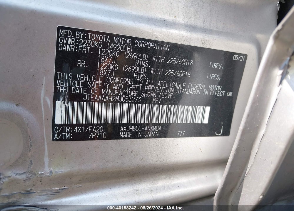 2021 TOYOTA VENZA LE VIN: JTEAAAAH2MJ053273