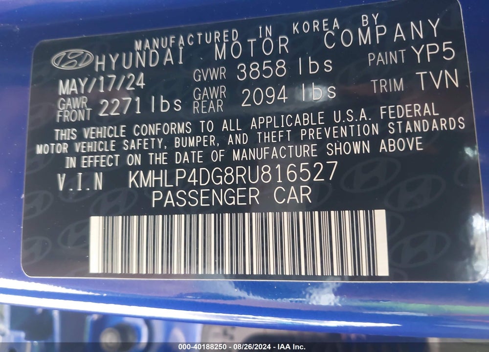 2024 HYUNDAI ELANTRA LIMITED VIN: KMHLP4DG8RU816527