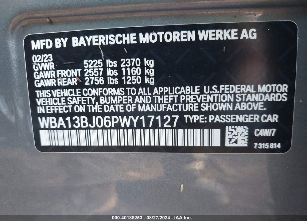 2023 BMW 530 I XDRIVE VIN: WBA13BJ06PWY17127