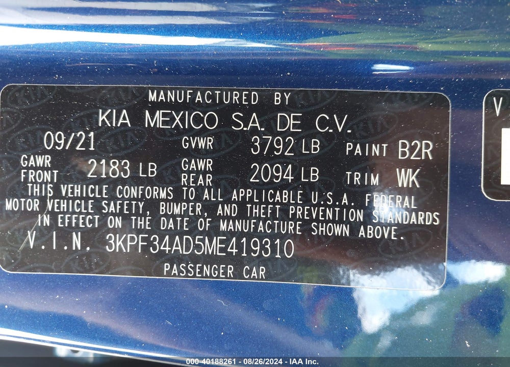 2021 KIA FORTE GT LINE VIN: 3KPF34AD5ME419310