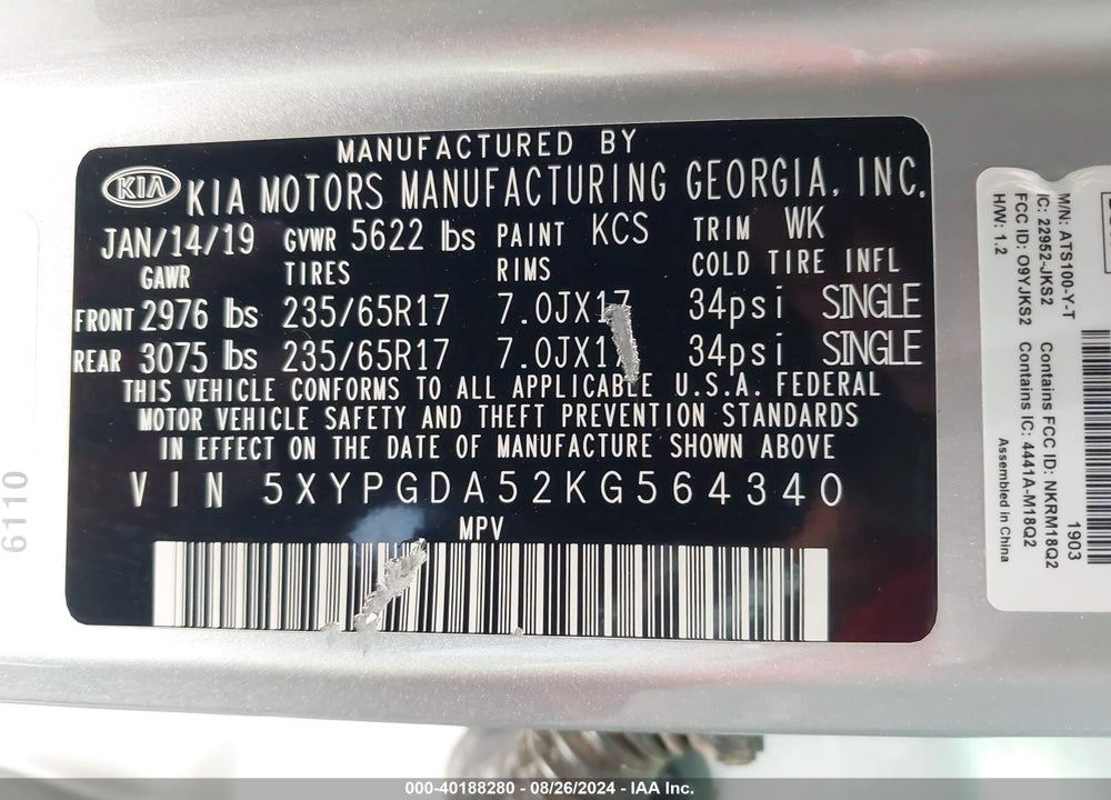 2019 KIA SORENTO 3.3L LX VIN: 5XYPGDA52KG564340
