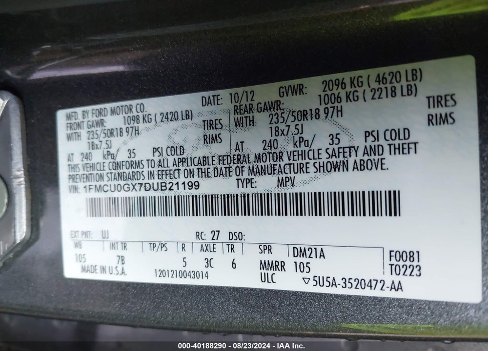 2013 FORD ESCAPE VIN: 1FMCU0GX7DUB21199
