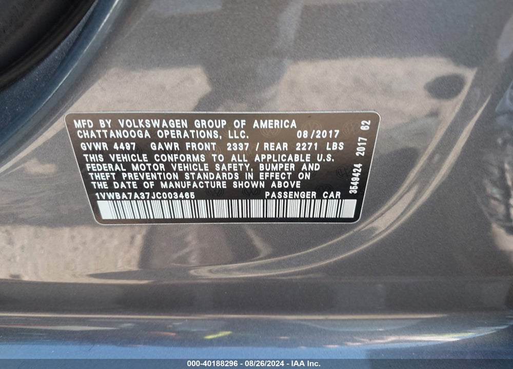 2018 VOLKSWAGEN PASSAT 2.0T SE VIN: 1VWBA7A37JC003465