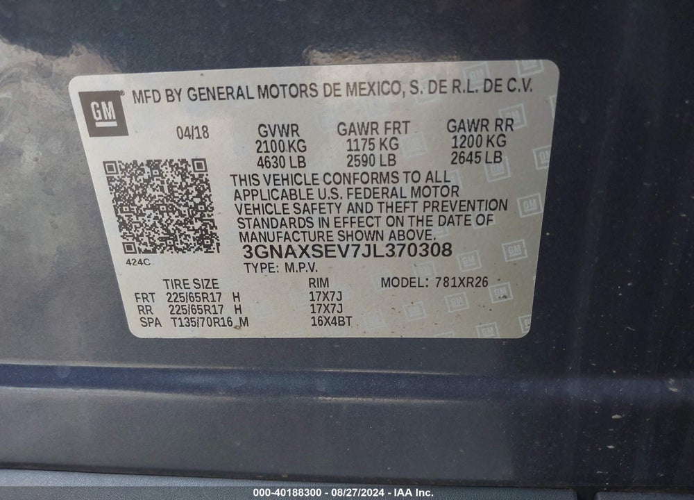 2018 CHEVROLET EQUINOX LT VIN: 3GNAXSEV7JL370308