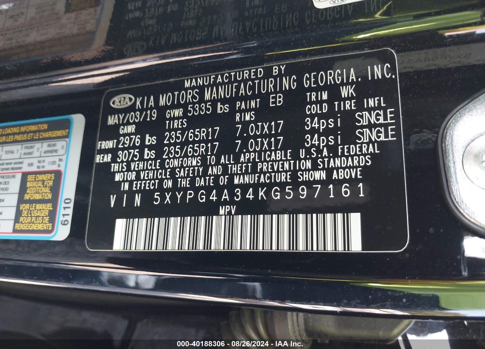 2019 KIA SORENTO 2.4L L VIN: 5XYPG4A34KG597161