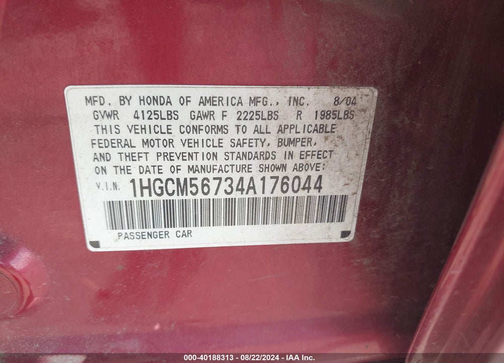 2004 HONDA ACCORD 2.4 EX VIN: 1HGCM56734A176044