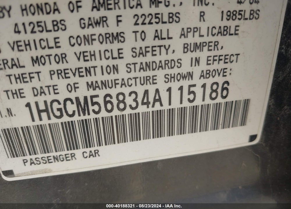 2004 HONDA ACCORD 2.4 EX VIN: 1HGCM56834A115186